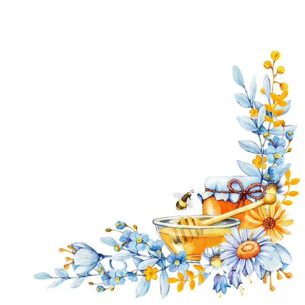 Floral μέλι πλαισιώνουν άγρια λουλούδια, χαμομήλι, ξεχάστε με, bluebell, καλέντουλα. Χειροποίητη ακουαρέλα που απομονώνεται σε λευκό φόντο — Φωτογραφία Αρχείου