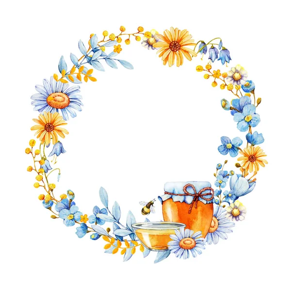 Floral honey round frame wild flowers, wreath, chamomile, forget-me-not, bluebell, calendula. Hand drawn watercolor illustration isolated on white background — Stockfoto
