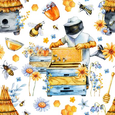 Digital paper seamless pattern with apiary, beekeeper, bee wasp, bumblebee, honey, field herbs, chamomile, calendula. Hand drawn watercolor illustration isolated on white background