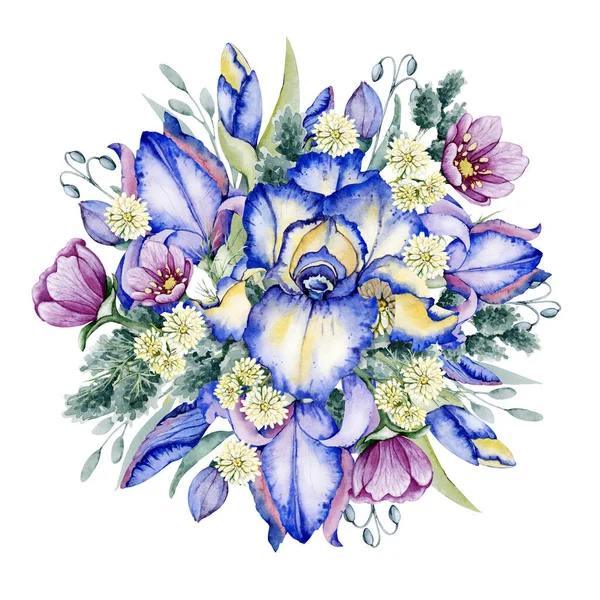 Suluboya Yuvarlak Çiçek Çelengi Irisler Mor Çiçek Çerçevesi Çizimi Illüstrasyon — Stok fotoğraf