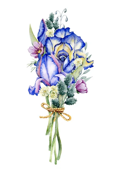 Suluboya Yuvarlak Çiçek Çelengi Irisler Mor Çiçek Buketi Çizimi Illüstrasyon — Stok fotoğraf