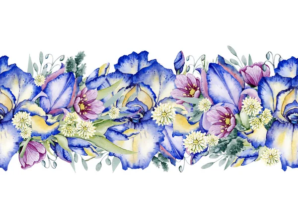 Seamless pattern with irises flowers. Handmade watercolor illustration. Design for wedding background, template, invitation, fabric, wallpaper, wrapping wrapper