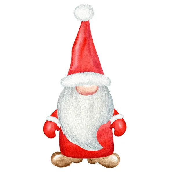 水彩クリスマスのグノーム、赤いサンタクロースの手は白い背景に隔離された新年のイラストを描きました。新しい年のタグ、パッケージ、カード、クリスマスの装飾、ポスターのための小さなサンタ — ストック写真