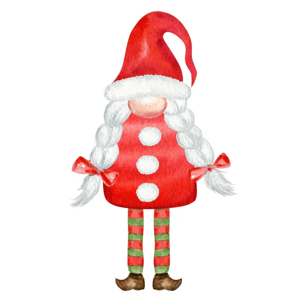 Gnome de Natal aquarela, menina Papai Noel vermelho pintado à mão ilustração do ano novo isolado no fundo branco. Pequeno ajudante de Papai Noel para etiqueta de ano novo, pacote, cartão, decoração de xmas, cartaz — Fotografia de Stock