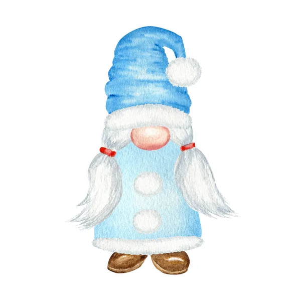 Watercolor Christmas gnome, Blue Santa Claus girl Hand painted New year illustration isolated on white background. Little santa helper for new year tag, package, card, xmas decor, poster — Stock Photo, Image