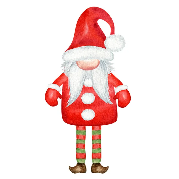 水彩クリスマスのグノーム、赤いサンタクロースの手は白い背景に隔離された新年のイラストを描きました。新しい年のタグ、パッケージ、カード、クリスマスの装飾、ポスターのための小さなサンタヘルパー — ストック写真