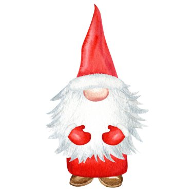 Suluboya Noel cücesi, Kırmızı Noel Baba Eli beyaz arka planda izole edilmiş yeni yıl resimlerini çizdi. Yeni yıl etiketi, paketi, kartı, xmas dekoru, poster için küçük Noel Baba yardımcısı