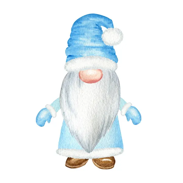 Watercolor Christmas gnome, Blue Santa Claus Hand painted New year illustration isolated on white background. Little santa helper for new year tag, package, card, xmas decor, poster — Stock Photo, Image