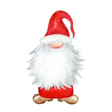 Suluboya Noel cücesi, Kırmızı Noel Baba Eli beyaz arka planda izole edilmiş yeni yıl resimlerini çizdi. Yeni yıl etiketi, paketi, kartı, xmas dekoru, poster için küçük Noel Baba yardımcısı