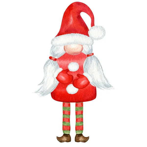 水彩クリスマスのグノーム、赤いサンタクロースの女の子手は白い背景に隔離された新年のイラストを描きました。新しい年のタグ、パッケージ、カード、クリスマスの装飾、ポスターのための小さなサンタヘルパー — ストック写真