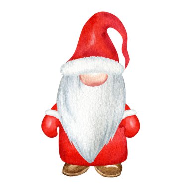 Suluboya Noel cücesi, Kırmızı Noel Baba Eli beyaz arka planda izole edilmiş yeni yıl resimlerini çizdi. Yeni yıl etiketi, paketi, kartı, xmas dekoru, poster için küçük Noel Baba yardımcısı
