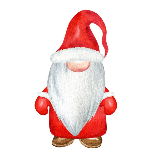 Gnome de Natal aquarela, Papai Noel vermelho pintado à mão ilustração do ano novo isolado no fundo branco. Pequeno ajudante de Papai Noel para etiqueta de ano novo, pacote, cartão, decoração de xmas, cartaz — Fotografia de Stock