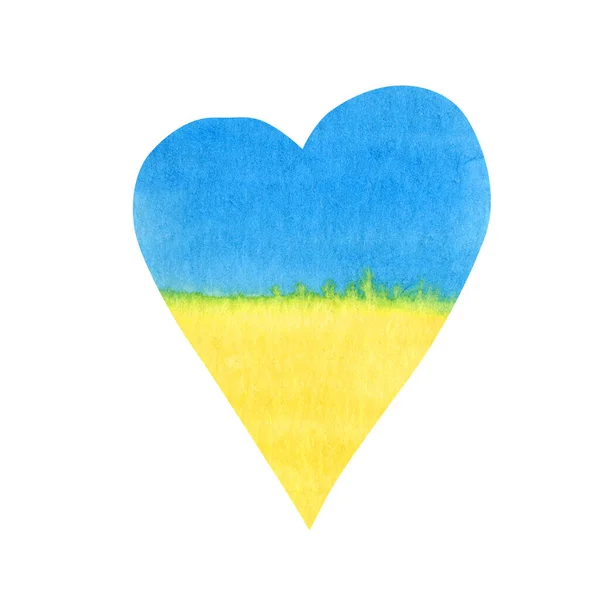 Bandeira coração aquarela da Ucrânia país pintado à mão escova com bandeira ucraniana elegante no fundo branco. Azul e amarelo Bandeira nacional forma do coração — Fotografia de Stock