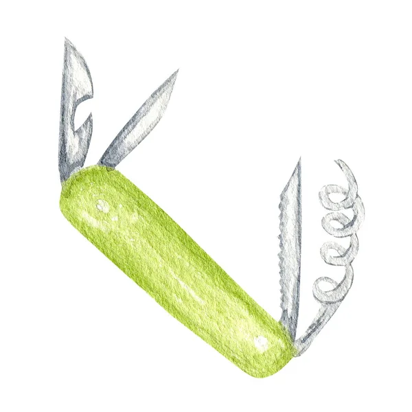Icona multifunzione del coltello, disegno acquerello del coltello tascabile, coltello svizzero, coltellino multiuso, coltello militare. Illustrazione isolata su sfondo bianco — Foto Stock