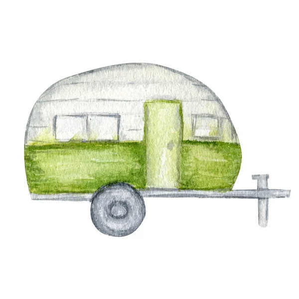 Camper trailer watercolor isolated on white background illustration. Vacation tourism travel camp, summer car home trip, vehicle — Stock Photo, Image