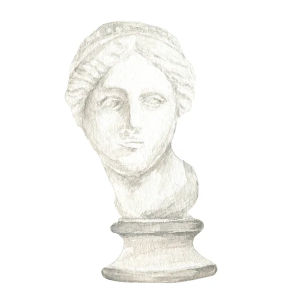 古代ギリシャの彫刻ヴィーナスの女神の頭、水彩アンティークギリシャ神話の彫像バスト手描きイラスト、ヴィーナス・デ・ミロの顔の彫刻は、穀物紙の上に描画 — ストック写真