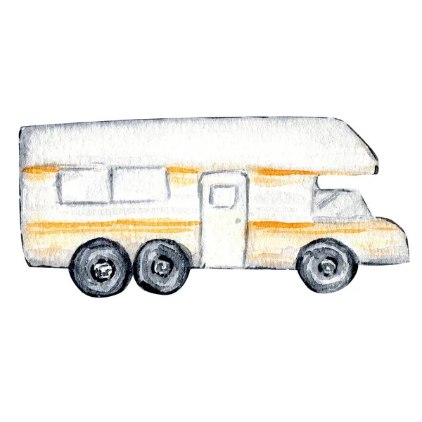 캠퍼 트레일러 워터 컬러는 흰색 배경 삽화에 분리되어 있다. 휴가철 관광 캠프, 여름 자동차 여행, 자동차 — 스톡 사진