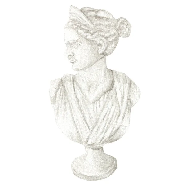 Antica scultura greca Diana dea testa, Acquerello Antica Grecia mitologia statue busto disegnato a mano illustrazione, Diana faccia scultura disegno su carta grano — Foto Stock