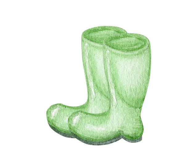 Υδατογραφία μπότα από καουτσούκ πράσινη αδιάβροχη Φθινοπωρινή υπόδηση για εποχιακό σχεδιασμό. Μεμονωμένη απεικόνιση των μποτών για προστασία από το νερό και τις λιμνούλες. — Φωτογραφία Αρχείου