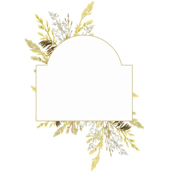 Watercolor greenery frame, Floral grass wreath. Hand drawn wild meadow herbs floral Botanical illustration isolated on white background, greeting card label border with copy space for text — Stock Photo, Image