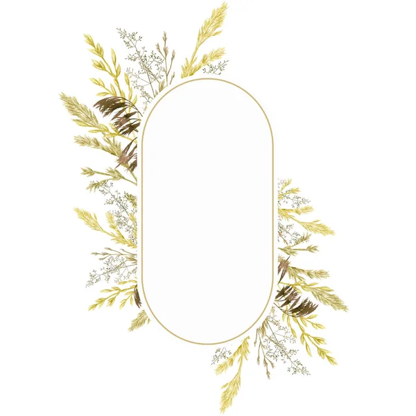 Watercolor greenery oval frame, Floral grass wreath. Hand drawn wild meadow herbs floral Botanical illustration isolated on white background, greeting card label border with copy space for text — 스톡 사진