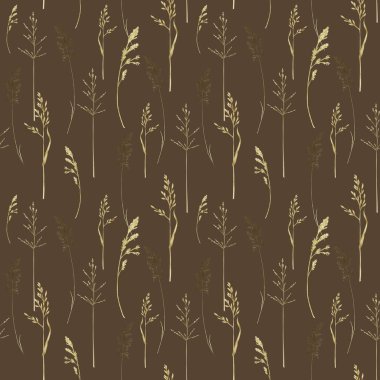 Suluboya yeşil çimenler dikişsiz desen, yabani çayır yeşillik çizimi, tahıl gevreği yabani bitkileri, çiçekli el çizimi bahar mevsimi doğal otlar beckground. Kusursuz Kumaş dokusu