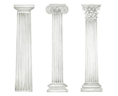 Watercolor antique column corinthian ionic doric order, Ancient Classic Greek pillar set, Roman Columns, Architecture facade elements Realistic drawing illustration isolated on white background clipart