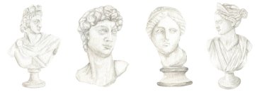 Antik Yunan heykel tanrıçası seti, Suluboya Antik Yunan mitolojisi heykelleri, resim çizimi Venus de Milo, Diana, Apollo tanrısı tahıl kağıdına heykel çizimi ile karşı karşıya