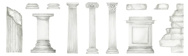 Watercolor antique column corinthian ionic doric order, Ancient Classic Greek pillar set, Roman Columns, Architecture facade elements Realistic drawing illustration isolated on white background — Stock Fotó