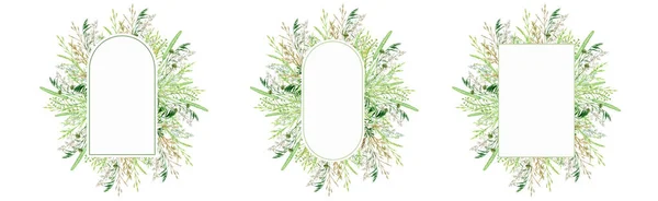 Cornice verde acquerello, corona di erba floreale. Erbe selvatiche disegnate a mano floreale Illustrazione botanica isolata su sfondo bianco, biglietto di auguri bordo ovale con spazio copia per il testo — Foto Stock