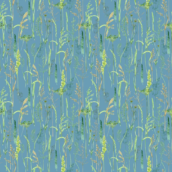 Watercolor green grass seamless pattern, wild meadow herbal greenery illustration, cereal wild plants, floral hand drawn spring summer natural herbs beckground. Seamless Fabric texture —  Fotos de Stock