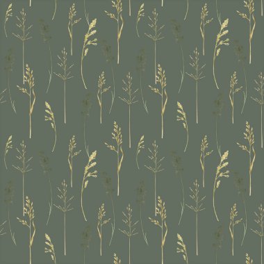 Suluboya yeşil çimenler dikişsiz desen, yabani çayır yeşillik çizimi, tahıl gevreği yabani bitkileri, çiçekli el çizimi bahar mevsimi doğal otlar beckground. Kusursuz Kumaş dokusu