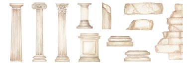 Watercolor antique column corinthian ionic doric order, Ancient Classic Greek pillar set, Roman Columns, Architecture facade elements Realistic drawing illustration isolated on white background.