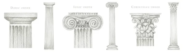 Aquarela Coluna Antiga Coríntia Iônica Ordem Dórica Antiga Clássico Grego — Fotografia de Stock