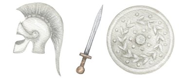 Suluboya Spartalılar 'ın miğferi, kılıcı, kalkanı, Antik Yunan silahları ve zırhı beyaz arka planda izole edilmiş çizimler.