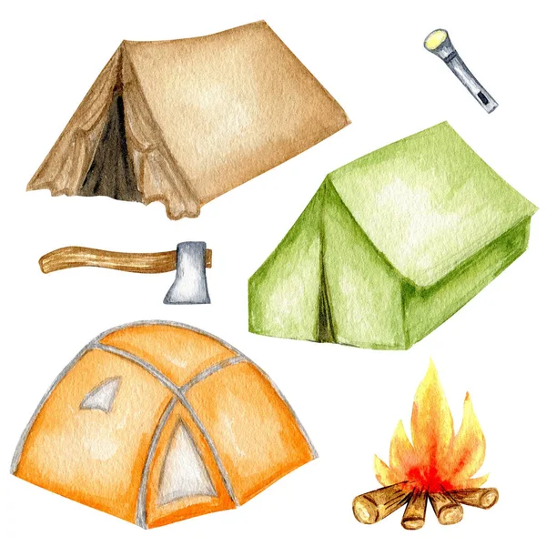 Aquarel Toeristische Camping Tent Set Bonfire Bijl Zaklamp Actieve Reizen — Stockfoto