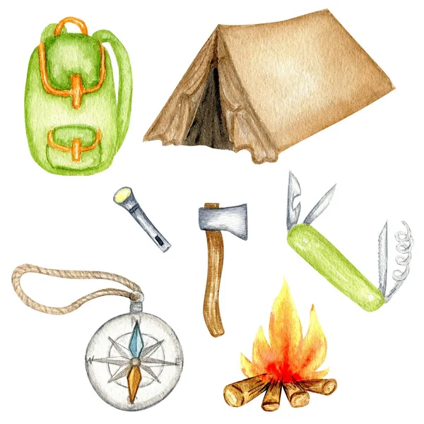 Watercolor touristic camping Tent Bonfire Axe Torch Multifunction knife Compass set, active travel vacations sport campaigns for summer isolated illustration on white background, adventure symbol.