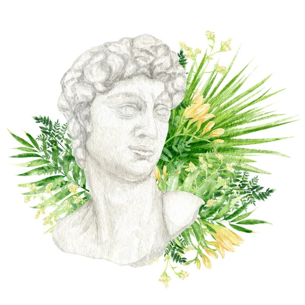 Ancient greek sculpture David goddess head with greenery bouquet, Watercolor Antique Greece mythology statue bust hand drawn illustration, David face of Michelangelos sculpture drawing on grain paper.