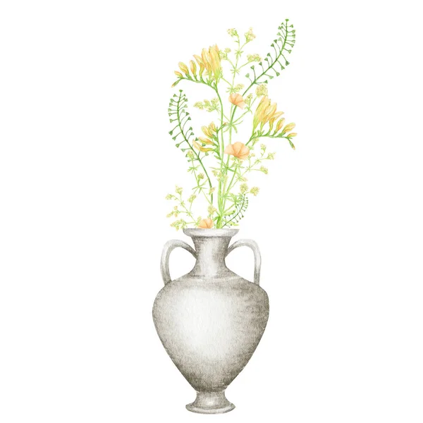 Akvarel Starověké Řecko Pottery Kyticí Starořecké Vázy Bílé Šedé Džbánek — Stock fotografie