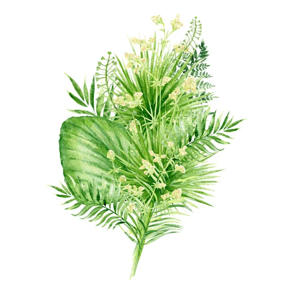 Watercolor Tropical Wild Meadow Bouquet Green Herbal Composition Illustration Cereal — Stockfoto