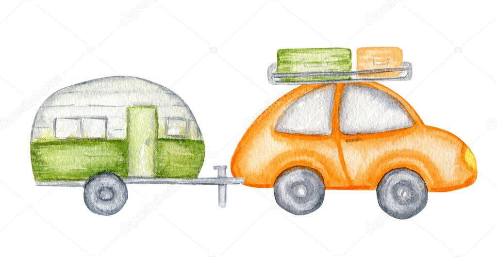 Camper trailer watercolor isolated on white background illustration. Vacation tourism travel camp, summer car home trip, vehicle.