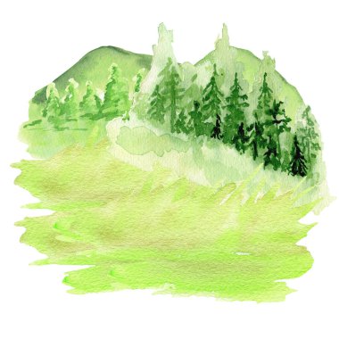 Suluboya Yaz Ormanı manzarası. Doğadaki maceralar, yürüyüş, yürüyüş turizmi beyaz arka plan tasarım konseptine izole edilmiş bir illüstrasyon.