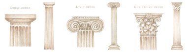 Suluboya antik sütun korintik iyonik dorik düzen, Antik Klasik Yunan sütun kümesi, Roma Sütunları, Mimari cephesi unsurları Beyaz arka planda izole edilmiş gerçekçi çizimler.