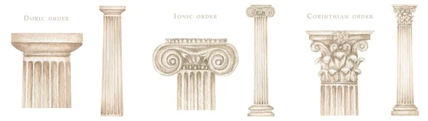 Watercolor Antique Column Corinthian Ionic Doric Order Ancient Classic Greek — Stockfoto