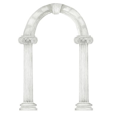 Sütun iyonik sıralı suluboya antik kemer, Antik Klasik Yunan sütunu, Roma Sütunları, Mimari ön cephe unsurları beyaz arka planda izole edilmiş gerçekçi çizimler.