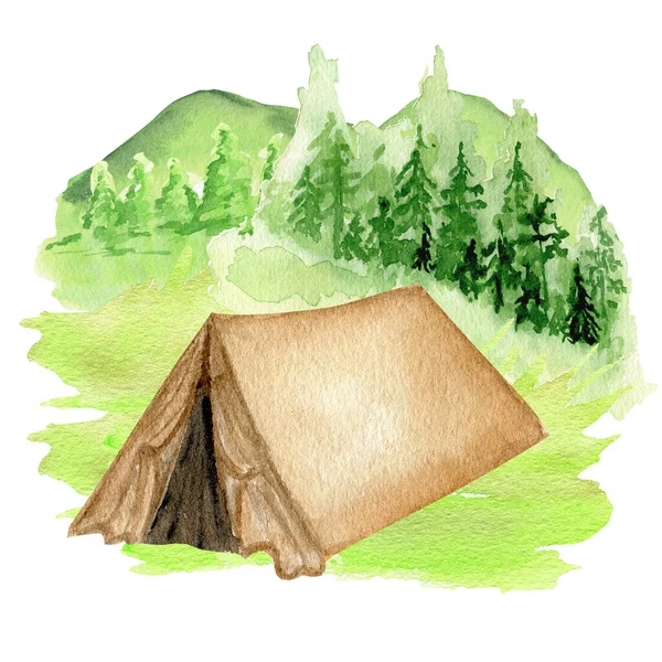 Watercolor Summer Forest Landscape Tent Adventures Nature Hiking Trekking Vacation — Foto de Stock