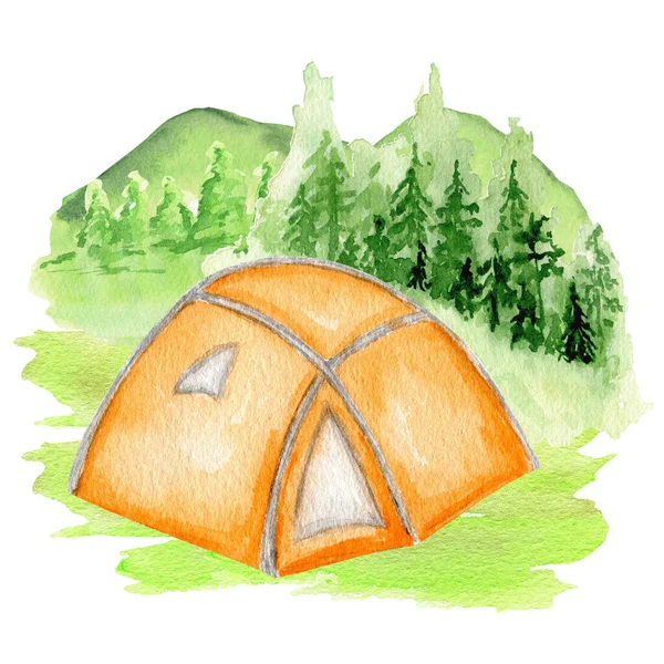 Watercolor Summer Forest Landscape Tent Adventures Nature Hiking Trekking Vacation — Zdjęcie stockowe