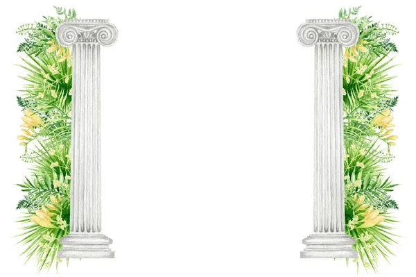 Watercolor Antique Ionic Column Tropical Leaves Flowers Ancient Classic Greek — Stockfoto