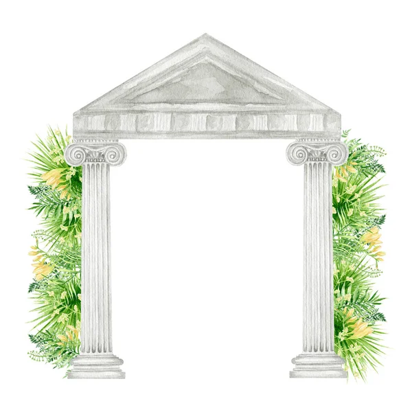 Watercolor Antique Ionic Column Tropical Leaves Flowers Ancient Classic Greek — Stockfoto