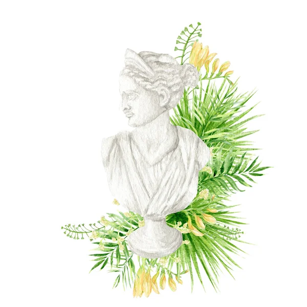 Ancient Greek Sculpture Diana Goddess Head Tropical Leaves Flowers Watercolor — Stockfoto